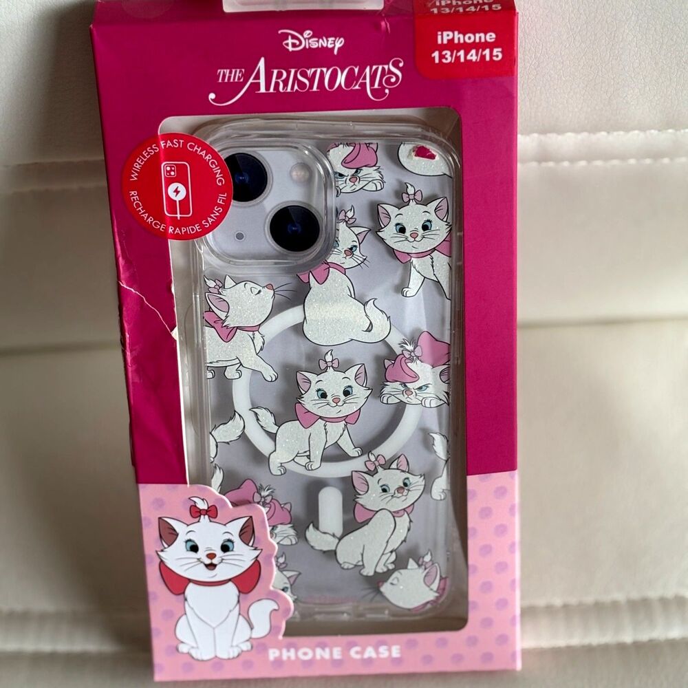Disney Aristocats Marie Glitter Clear Phone Case iPhone 13 14 15 Wireless Charge